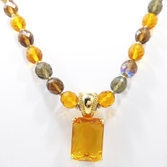 Joan Rivers Long Beaded Necklace Amber Crystal Pendant Gold Tone 38” Vintage - Picture 9 of 10